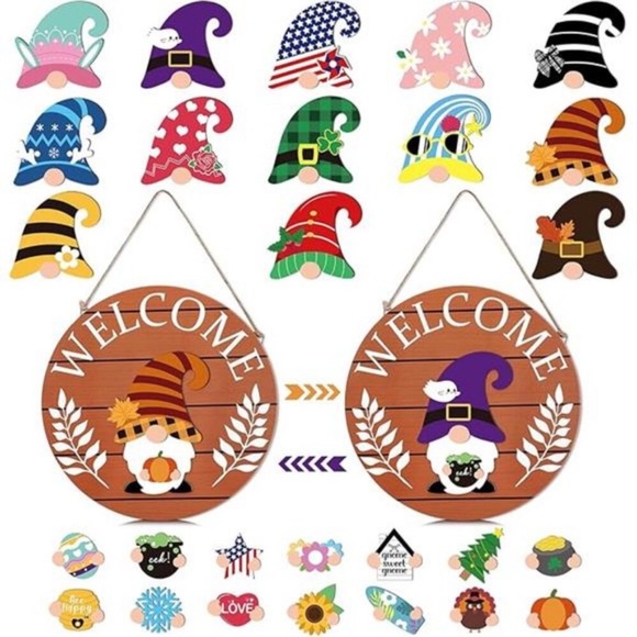 Interchangeable Welcome Sign, 12in DIY Wooden Wall Hanging Sign - Picture 7 of 8